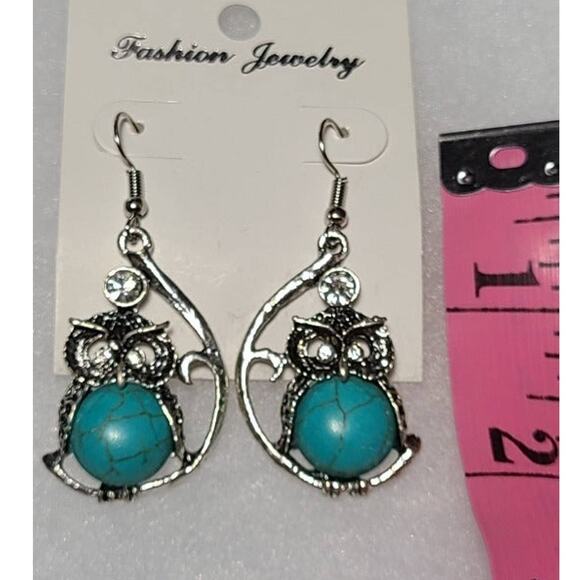 Silver Turquoise Stone Owl Dangle Drop Fashion Earrings - Picture 2 of 2
